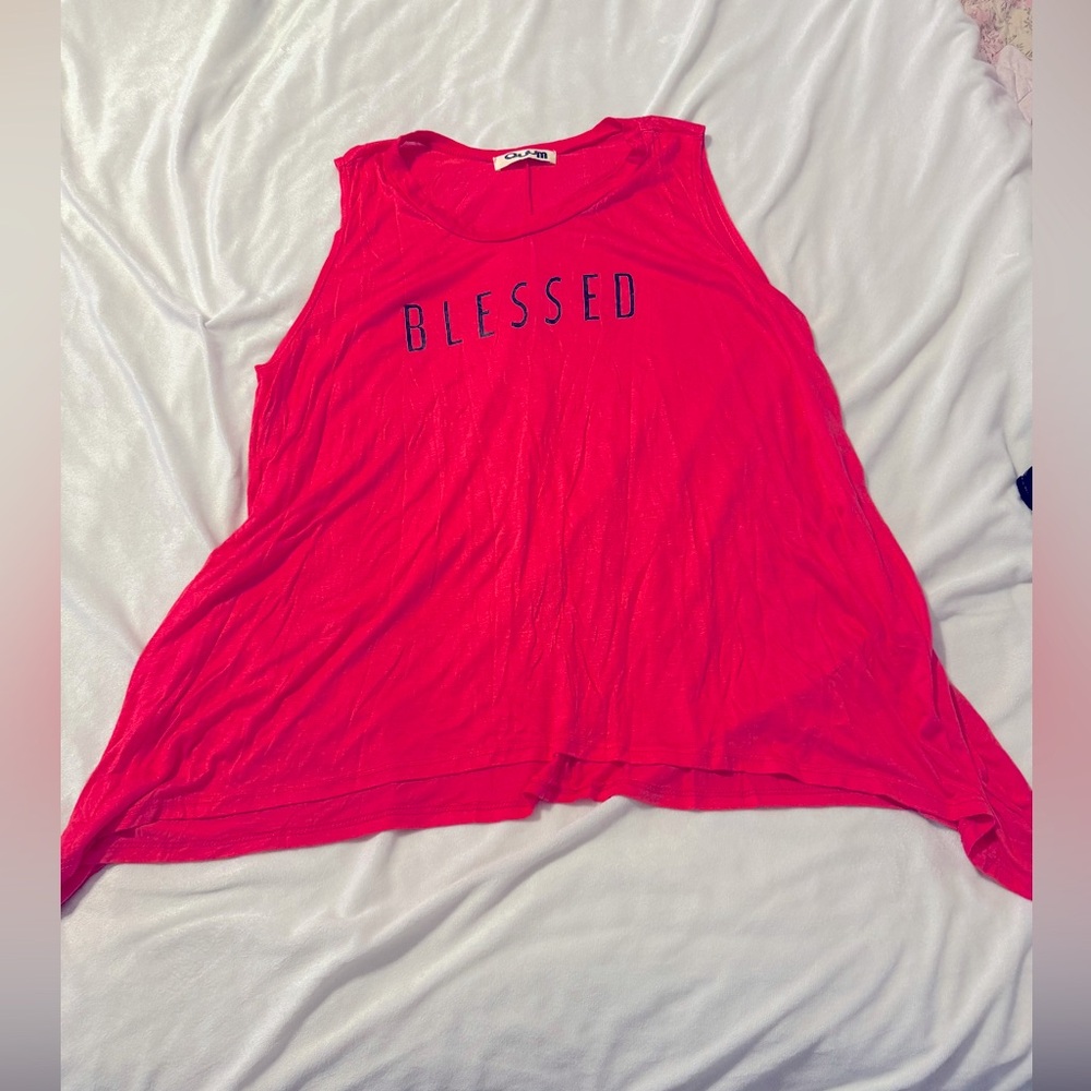 New Light pink Graphic Blessed Top. Sleeveless. Asymmetric sides